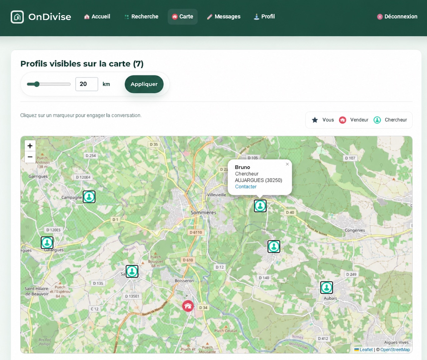 Exemple de carte autour de Sommières avec des icônes de chercheurs, un vendeur et le profil fictif de Bruno.